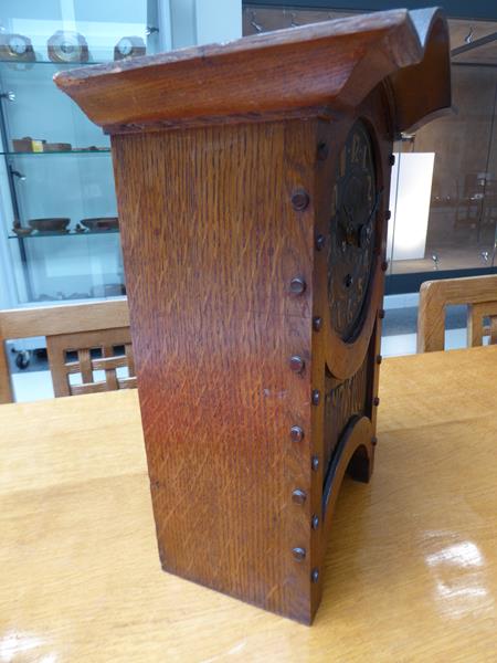 An Arts & Crafts Oak and Copper Mantel Clock, domed top, oak rivets, the hammered dial with Arabic - Image 10 of 12