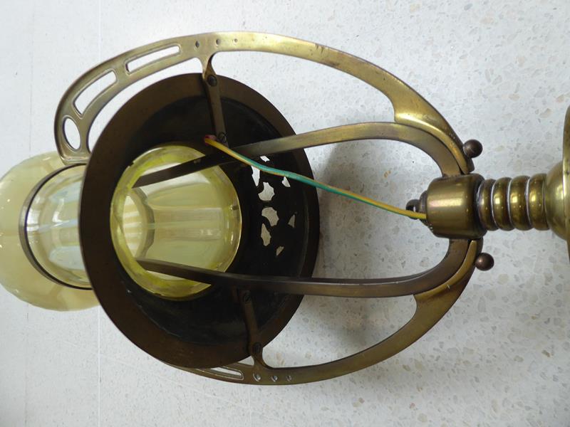 An Art Nouveau Brass Harp Gas Pendant Lamp, with vaseline glass shade, 95cm - Image 4 of 20