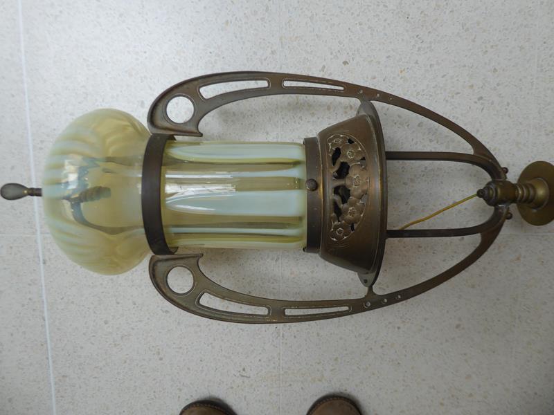 An Art Nouveau Brass Harp Gas Pendant Lamp, with vaseline glass shade, 95cm - Image 6 of 20