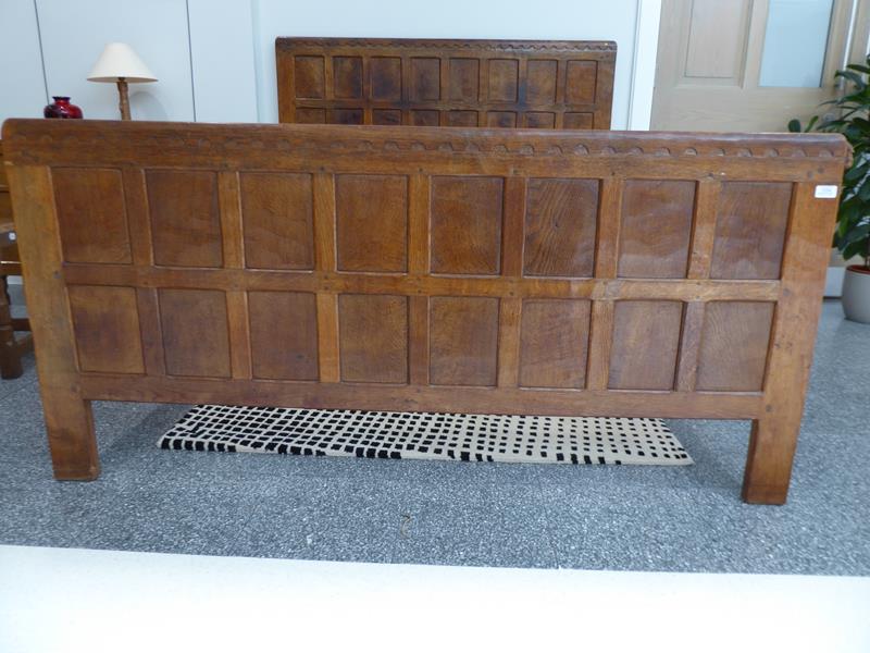 Robert Mouseman Thompson (1876-1955): An English Oak 5ft Panelled Bedstead, penny moulded top, - Image 3 of 10