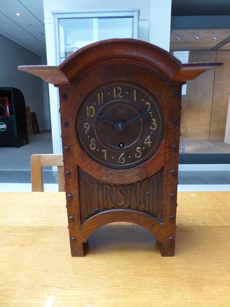 An Arts & Crafts Oak and Copper Mantel Clock, domed top, oak rivets, the hammered dial with Arabic - Image 8 of 12