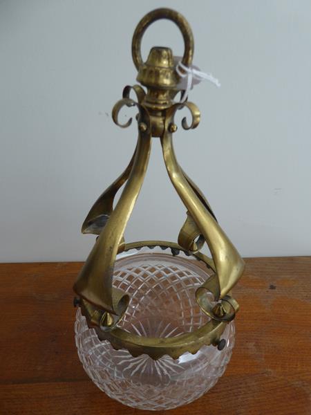 An Art Nouveau Brass Harp Gas Pendant Lamp, with vaseline glass shade, 95cm - Image 13 of 20