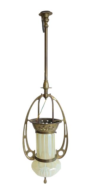 An Art Nouveau Brass Harp Gas Pendant Lamp, with vaseline glass shade, 95cm