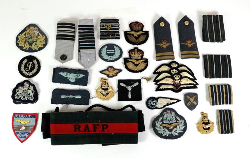 A Quantity of Post-Second World War RAF Insignia, including mohair cap bands, raised bullion