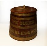 An Elizabeth II Staved Oak Rum Barrel, of tapering cylindrical form, bound with four brass bands and