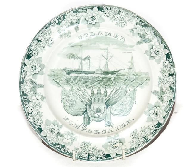 A Brameld plate commissioned by the Dundee & Hull Steam Packet Company, printed in sage green to