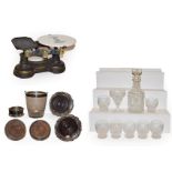 A tray of glass and silver plate including three pairs of wine coasters, cigar cutter, ice bucket,