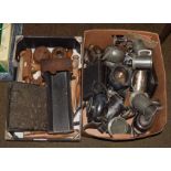 Two boxes of silver and assorted treen etc to include printing block, silver plated tea sets,