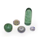 A Stourbridge dump paperweight together with another similar and three polychrome paperweights (