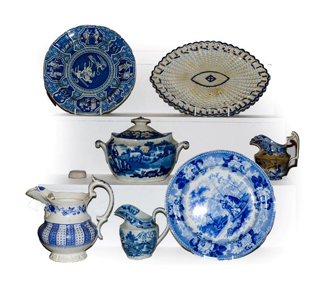 A quantity of early 19th century English blue and white pottery including pearlware navette formed