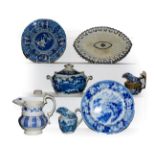 A quantity of early 19th century English blue and white pottery including pearlware navette formed