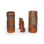 Chinese boxwood figure of Shao Lao together with a pair of Japanese bamboo brush pots (3). Figure