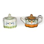 A Hawley pearlware teapot moulded with linen swags and stiff leaves c.1800-15, together with a