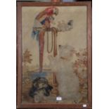 An 18th century woolwork picture of a parrot seated on a stand, with two dogs, oak framed, 78cm by