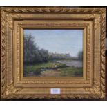Dupres (20th century), River landscape with figures, signed, oil on panel, 20cm by 25cm