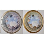 A pair of circular ceiling mounted panels, modern in the Renaissance style, with moulded silver