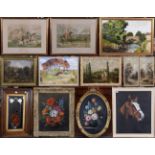 A mixed lot to include 19th / 20th century prints and oils, various subjects including still life,