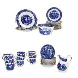 A collection of Victorian blue and white Willow pattern teawares, twelve settings, gilt embellished,