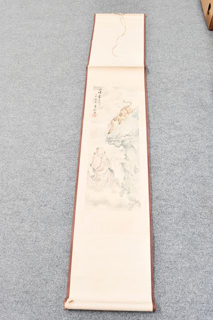 Six 20th century Chinese watercolour scrolls, variously decorated with figures in landscapes, - Image 10 of 14