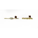 An aquamarine and split pearl bar brooch, length 5.8cm and a peridot and split pearl bar brooch,