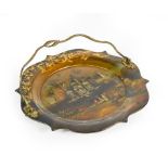 A Victorian Papier Mache Cake Plate, shaped circular, the centre with a mother-of-pearl inlaid and