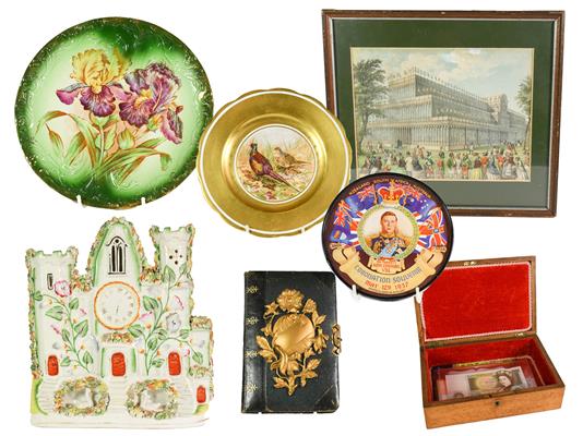 A Collection of Assorted Items, including: a wood box, the hinged cover set with a reverse painted