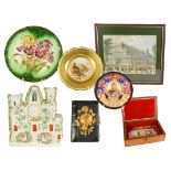 A Collection of Assorted Items, including: a wood box, the hinged cover set with a reverse painted