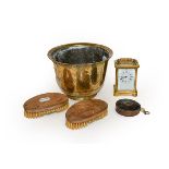 Brass carriage timepiece, Chinese polished bronze planters, two clothes brushes (lacking mounts) (