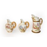 Three Royal Worcester blush ivory jugs, two shape number 1094, 14cm, the other 18cm, (3)