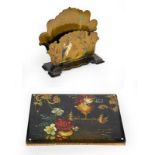 A Victorian Papier Mache Letter Rack and Desk-Blotter, the letter-rack painted with a bird