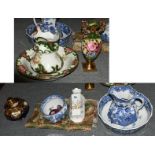 A quantity of decorative ceramics including Masons blue and white wash bowl, jug and chamber pot,