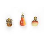 Two Metal-Mounted Ceramic Scent-Bottles, one formed as a strawberry, the other as a pear; Together