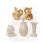 Two Royal Worcester blush ware ewers, together with three white glazed Royal Worcester vases (one