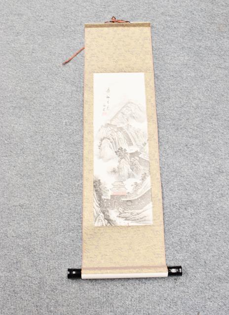 Six 20th century Chinese watercolour scrolls, variously decorated with figures in landscapes, - Image 12 of 14
