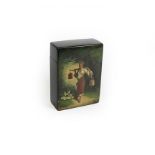 A Russian lacquer card-box, by Lukutin Factory, Moscow, oblong, the front painted with a scene of