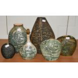 Four Tremaen Pottery Newlyn Cornwall vases and two lamps, largest 41cm high, four with impressed