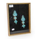 A pair of cased Indo-Persian white metal mounted turquoise three-piece sectional ornamental earrings