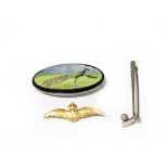 An RAF brooch, length 4.1cm, a silver golf club brooch, length 6.6cm and another brooch depicting