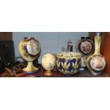 Three Victorian painted glass vases (one cover lacking), a group of 19th century rummers, a Georgian