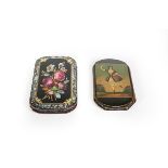 Two Victorian Papier Mache Cheroot-Cases, each shaped oblong, one painted on one side with a lady