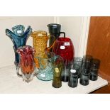 A Whitefriars glass jug, two 1960's art glass vases, 1960's lemonade glass set etc