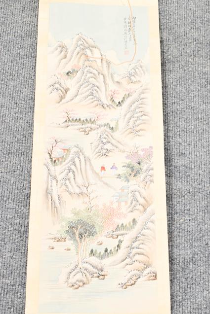 Six 20th century Chinese watercolour scrolls, variously decorated with figures in landscapes, - Image 8 of 14