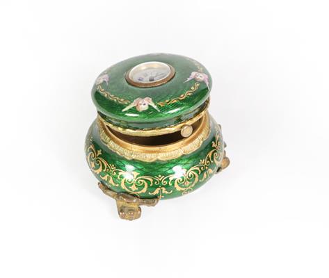 A Gilt-Metal and Enamel Box, bombe circular, overall enameled in green and decorated with putto