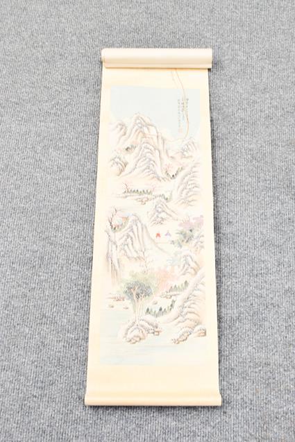 Six 20th century Chinese watercolour scrolls, variously decorated with figures in landscapes, - Image 7 of 14