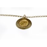 A half sovereign dated 1908 mounted as a pendant on chain, pendant length 4cm, chain length 47.5cm .