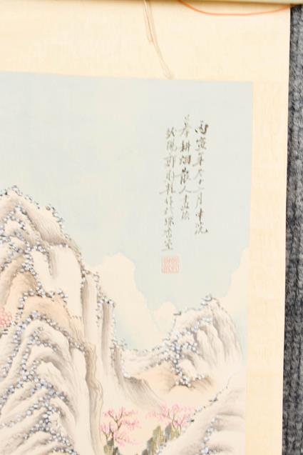 Six 20th century Chinese watercolour scrolls, variously decorated with figures in landscapes, - Image 9 of 14