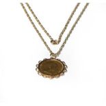 A 1902 sovereign mounted as a pendant on chain, pendant length 3.2cm, chain length 51cm . Chain