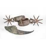 Two Steel Spurs, Possibly South American, with differing decoration; Together With: a composition