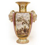 A Dresden vase, decorated painted scenes of figures and cavalry