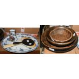 Three graduated treen bowls, oval meat plate, Masons panelled vase, two hand mirrors